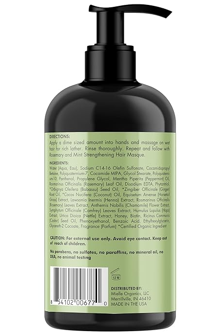 Mielle Organics Rosemary Mint Strengthening Shampoo Infused with Biotin, Cleanses and Helps Strengthen Weak and Brittle Hair, 12 Ounces